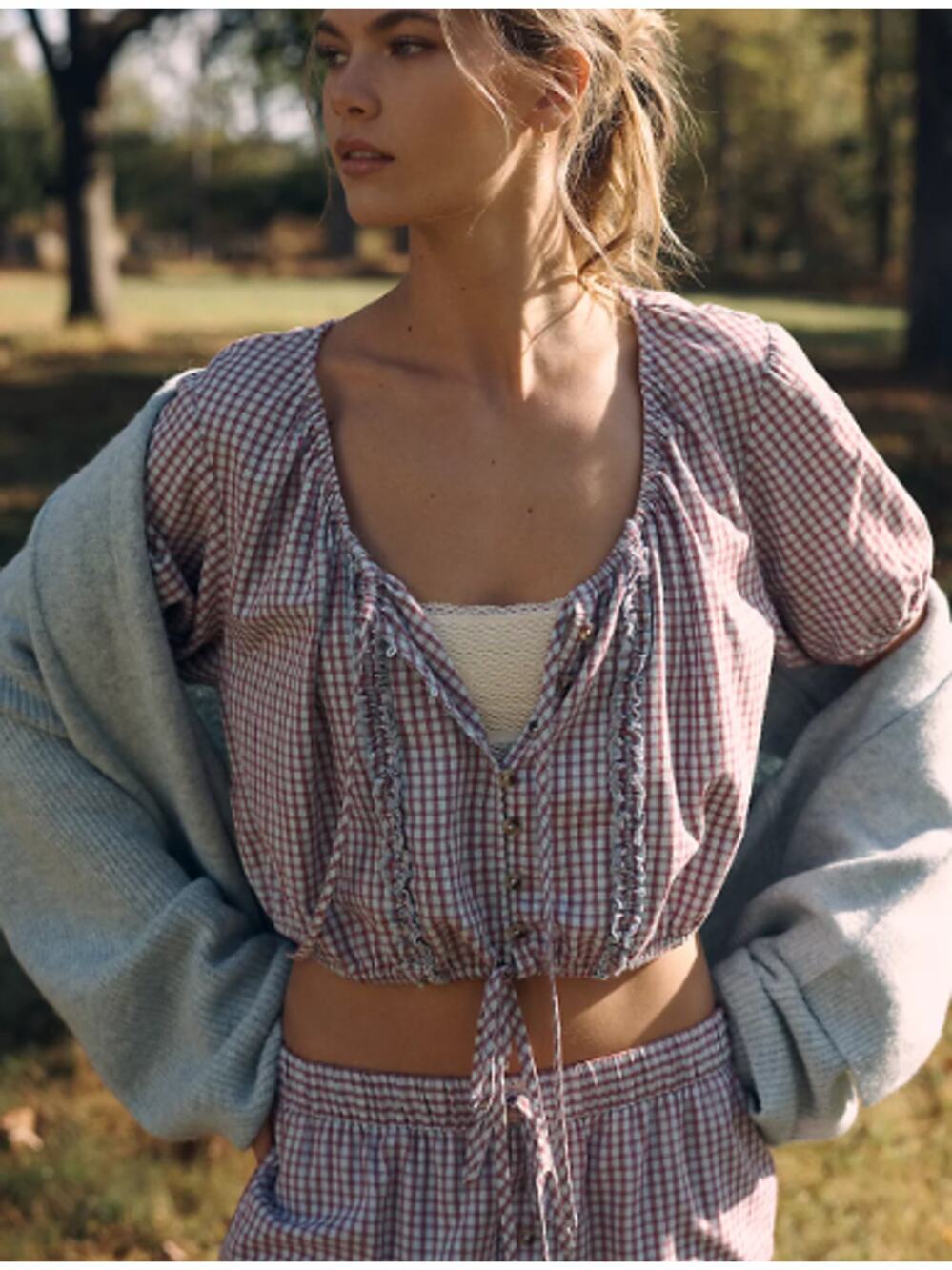 NWT Anthropologie LyreBird Short-Sleeve Flannel Buttondown Crop Top Large